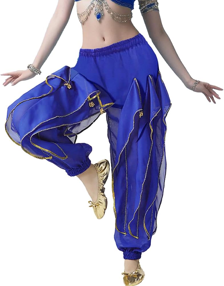 Rivoxi Women‘s Belly Dance Harem Pants with Golden Trim High Waist Stretchy Pants for Yoga Practice Stage Performance - Image 1